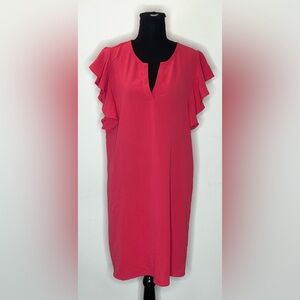 Gibson- Ruffle Sleeve V-Neck Dress in Coral Red Size M